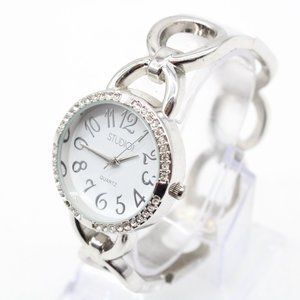 Studio Time Watch Womens Silver Tone Stainless Steel Rhinestones White Dial